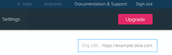 Okta domain in the upper-right corner of the dashboard